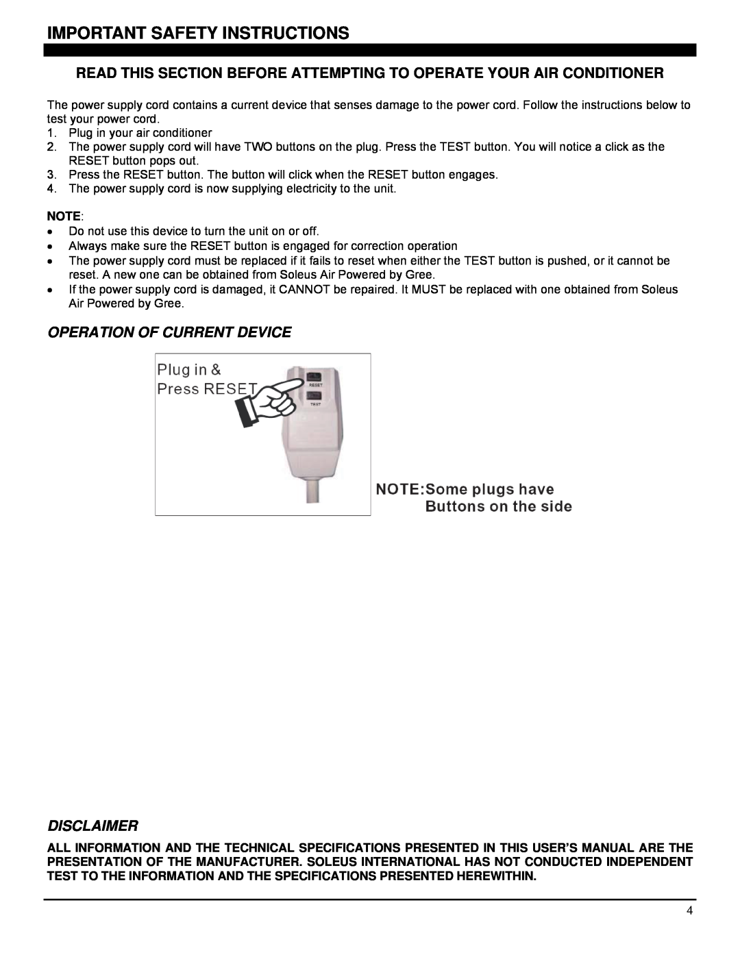 Soleus Air SG-TTW-12ESE operating instructions Important Safety Instructions, Operation Of Current Device Disclaimer 