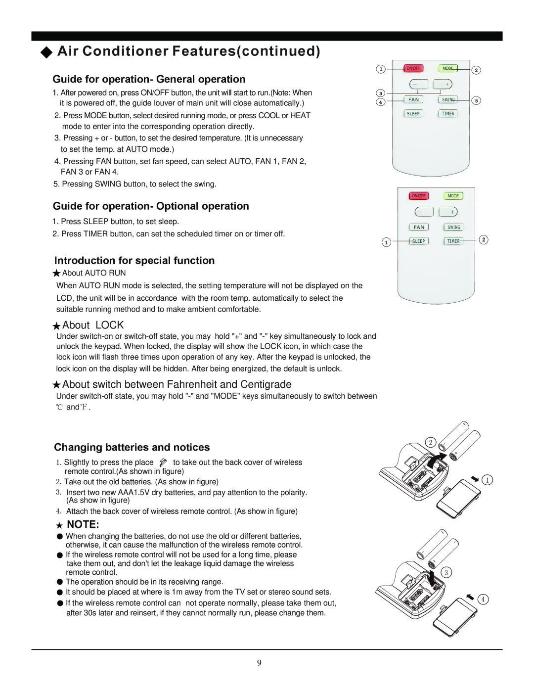 Soleus Air SG-TTW-12HC manual Guide for operation- General operation 