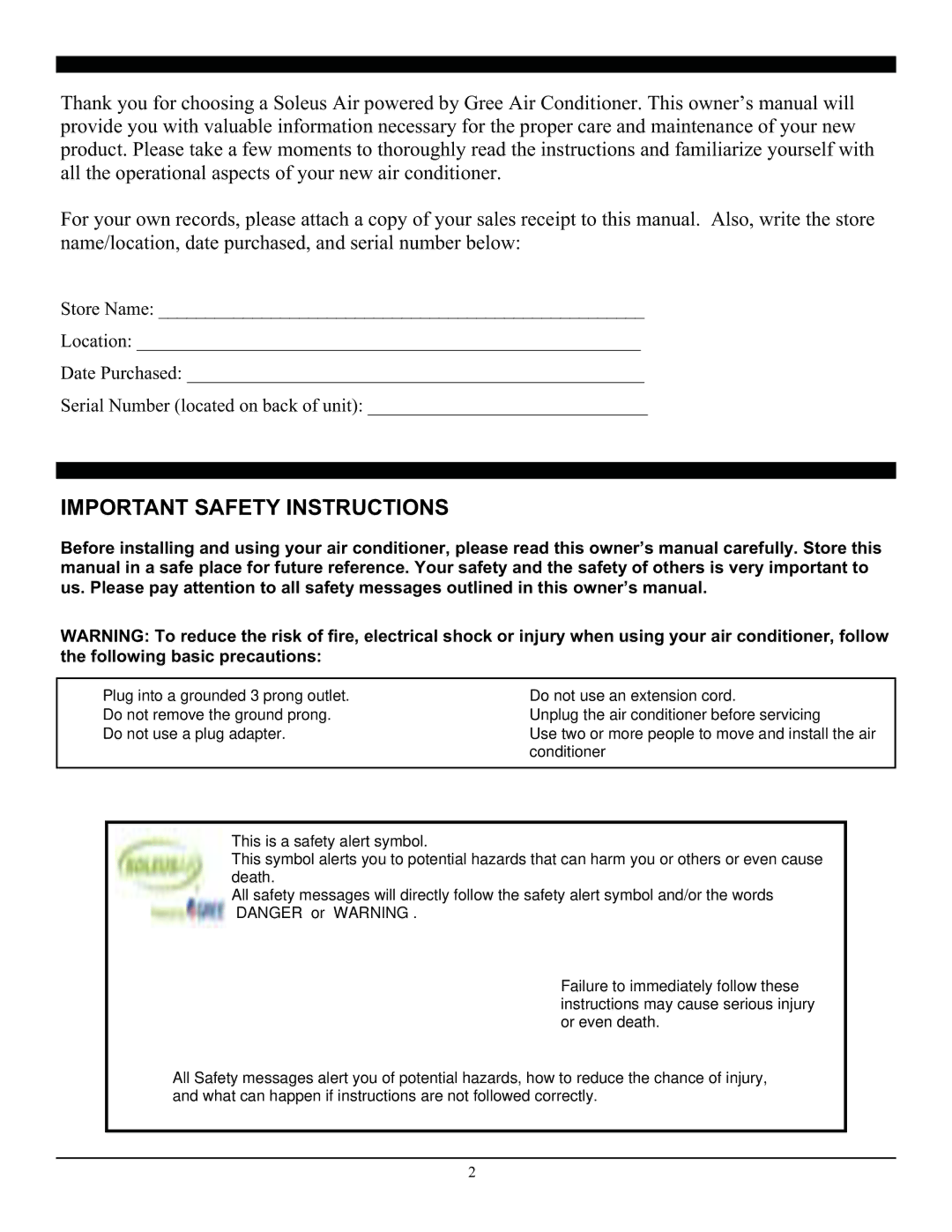 Soleus Air SG-TTW-12HC manual Important Safety Instructions 