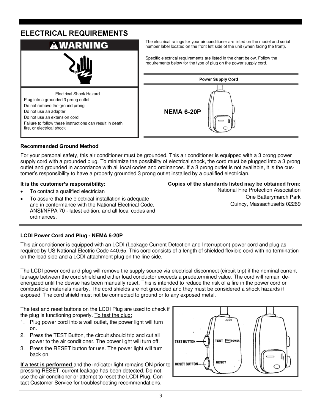 Soleus Air SG-TTW-12HC manual Electrical Requirements, Nema 6-20P 