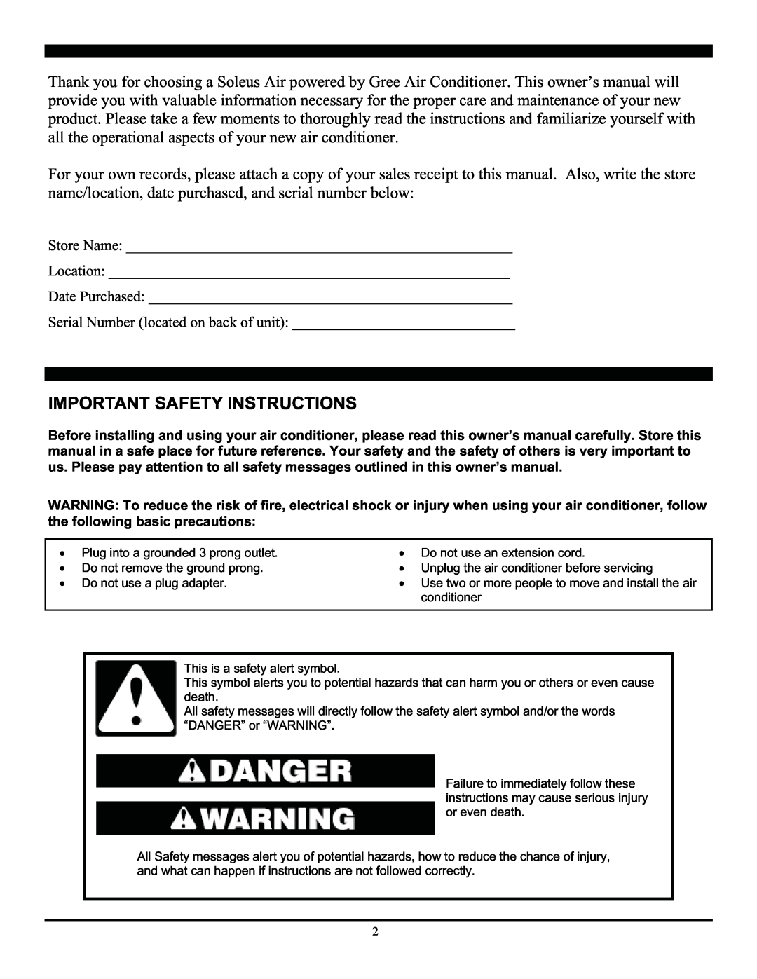 Soleus Air SG-TTW-12HC manual Important Safety Instructions 