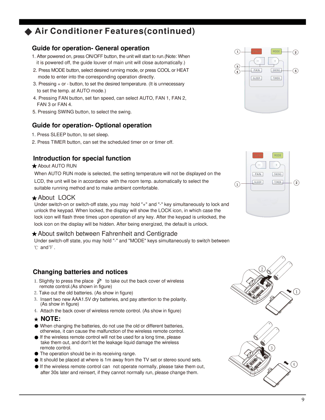 Soleus Air SG-TTW-14HC, SG-TTW-10HC manual Guide for operation- General operation 