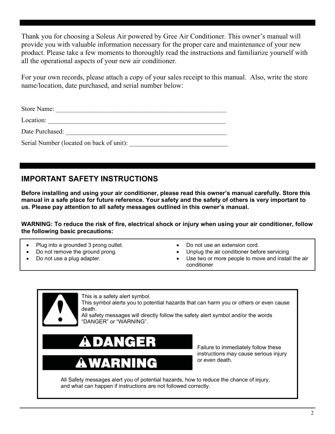 Soleus Air SG-TTW-10HC, SG-TTW-14HC manual Important Safety Instructions 