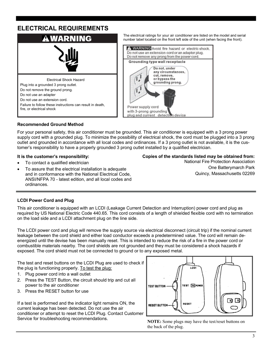 Soleus Air SG-TTW-14HC, SG-TTW-10HC manual Electrical Requirements, Recommended Ground Method 