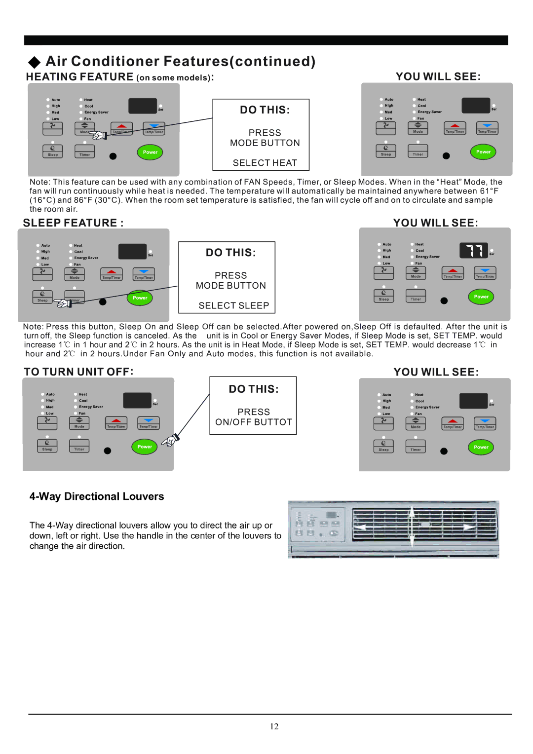 Soleus Air SG-TTW-14HC manual To Turn Unit OFF YOU will see Do this, Way Directional Louvers 