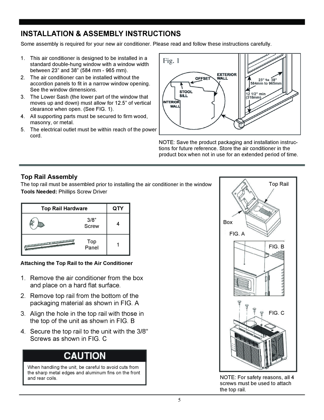 Soleus Air SG-WAC-05SM-C manual Installation & Assembly Instructions, Top Rail Assembly 