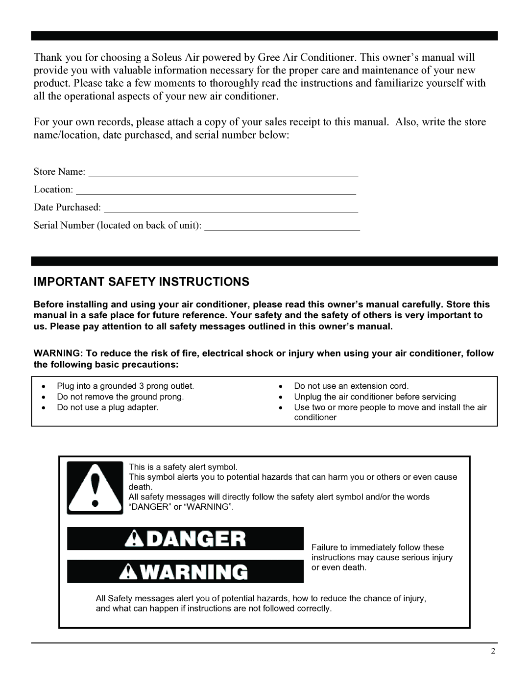 Soleus Air SG-WAC-05SM operating instructions Important Safety Instructions 