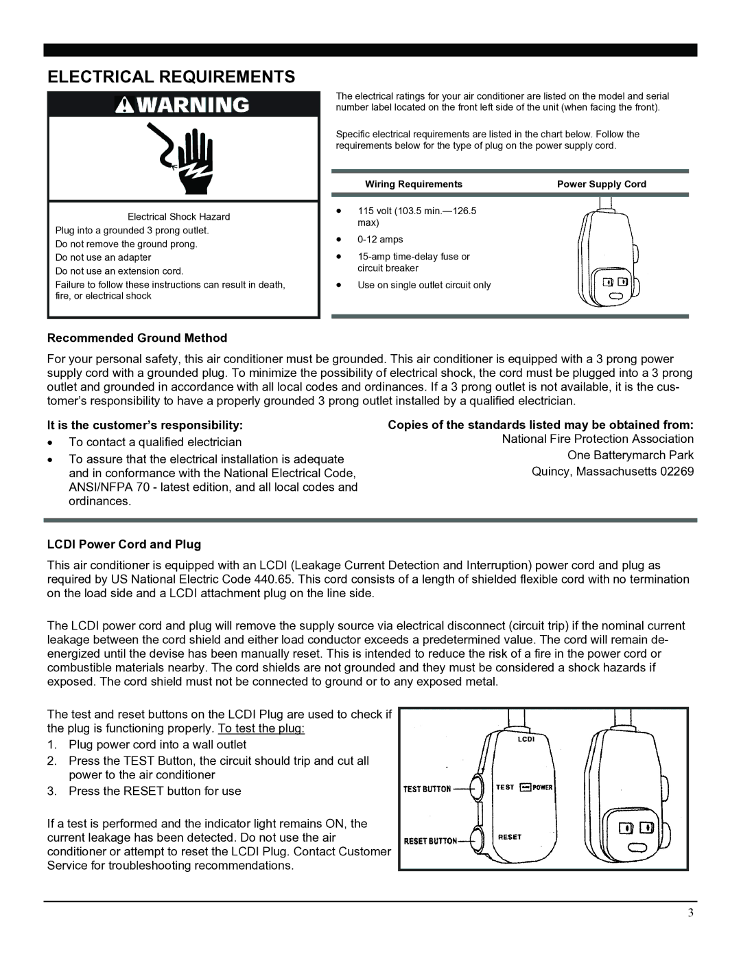 Soleus Air SG-WAC-05SM Electrical Requirements, Recommended Ground Method, It is the customer’s responsibility 