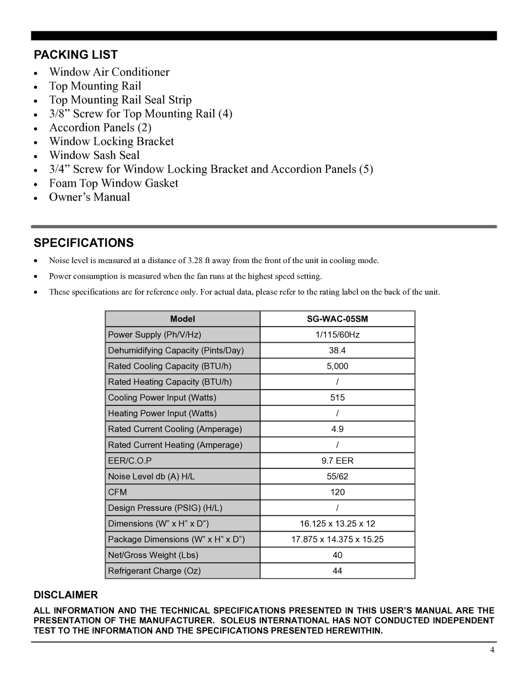 Soleus Air SG-WAC-05SM operating instructions Packing List, Specifications, Model 