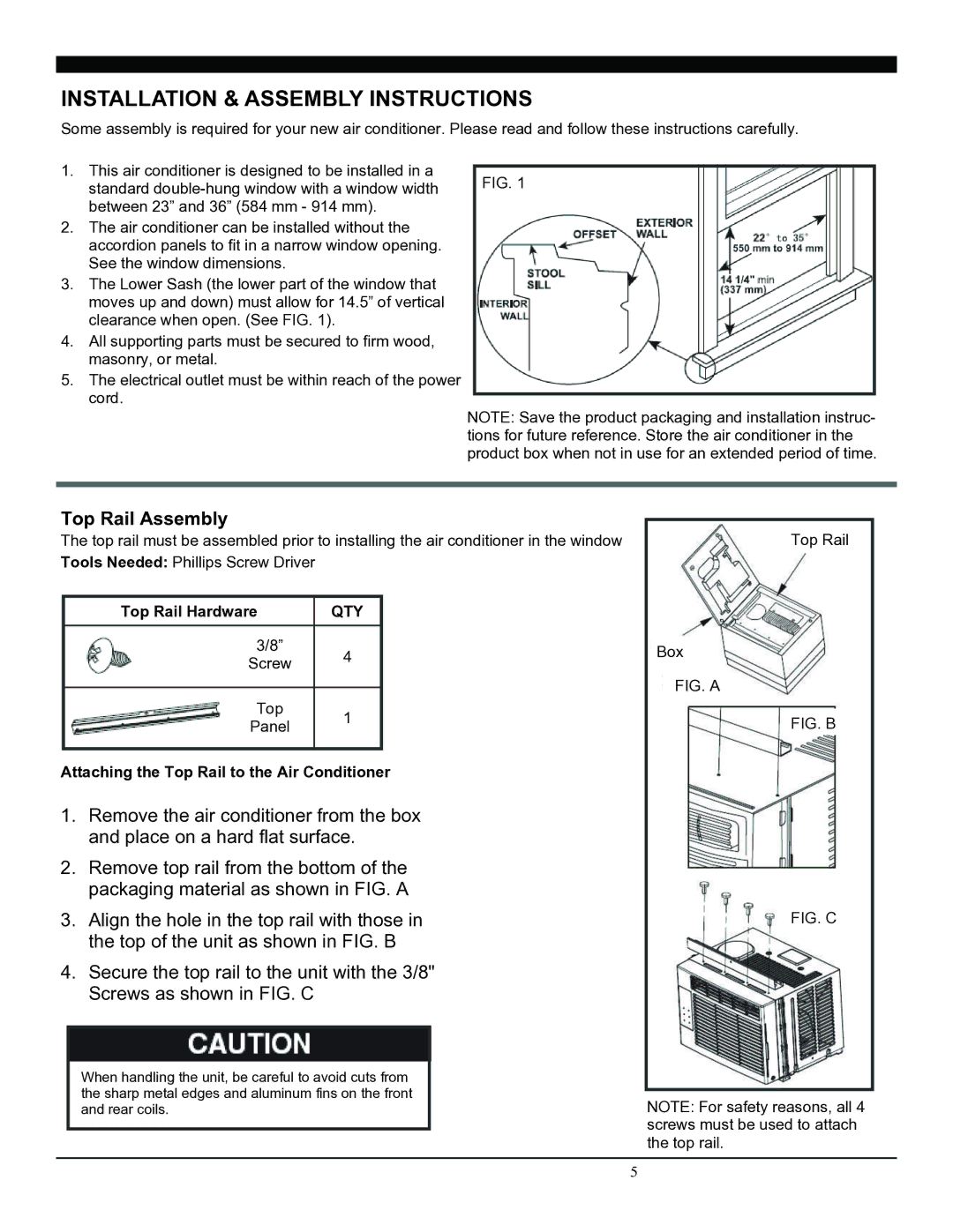 Soleus Air SG-WAC-05SM operating instructions Installation & Assembly Instructions, Top Rail Assembly, Top Rail Hardware 