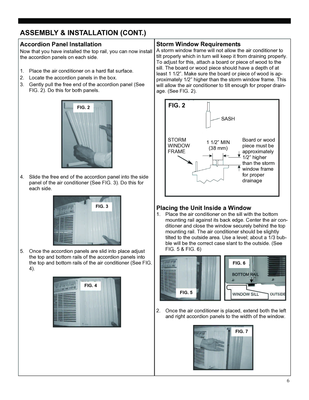 Soleus Air SG-WAC-05SM Assembly & Installation, Accordion Panel Installation, Storm Window Requirements 