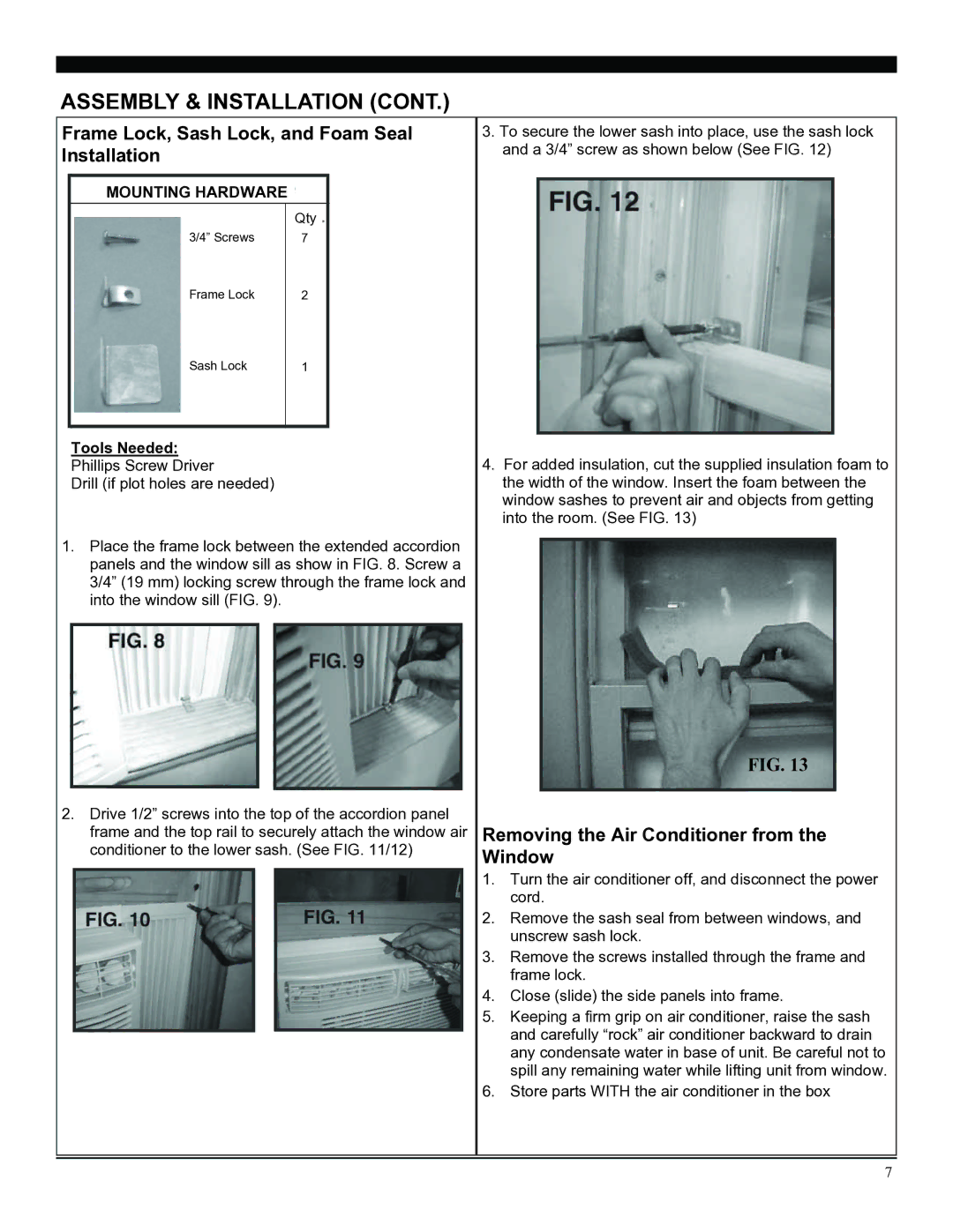 Soleus Air SG-WAC-05SM Frame Lock, Sash Lock, and Foam Seal Installation, Removing the Air Conditioner from the Window 