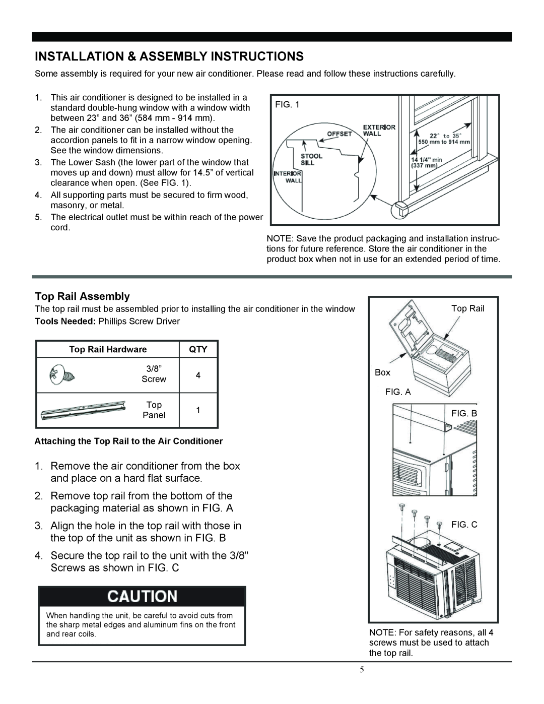 Soleus Air SG-WAC-05SM operating instructions Installation & Assembly Instructions, Top Rail Assembly 