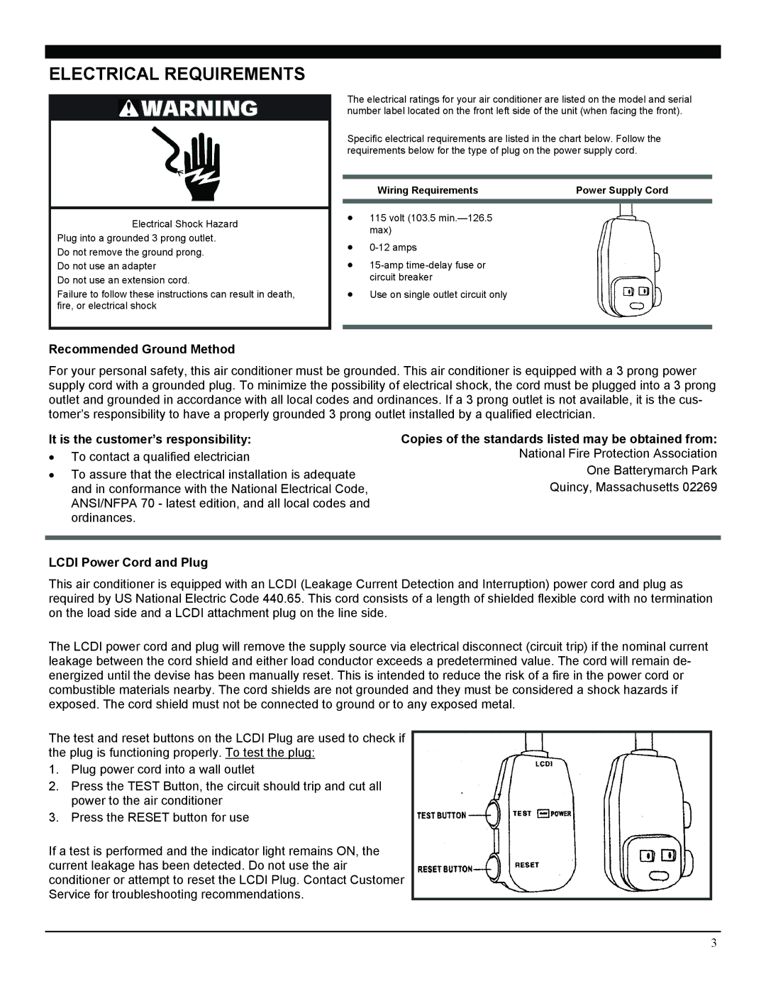 Soleus Air SG-WAC-08ESE manual Electrical Requirements, Recommended Ground Method, It is the customer’s responsibility 