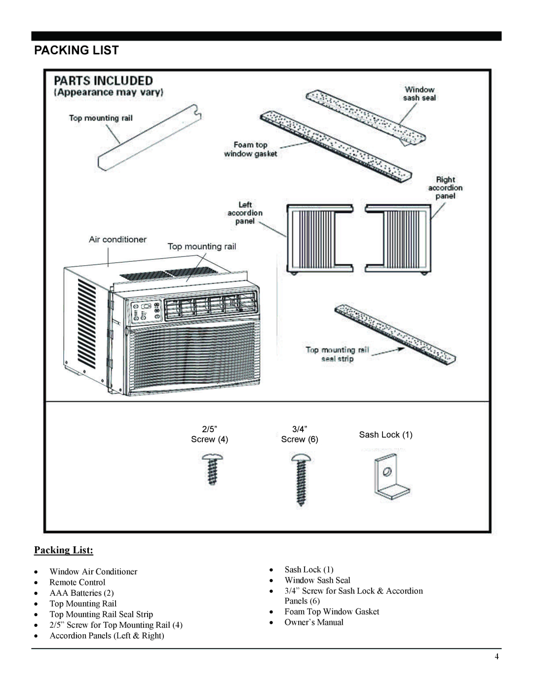 Soleus Air SG-WAC-06SE, SG-WAC-06ESE, SG-WAC-08ESE manual Packing List 