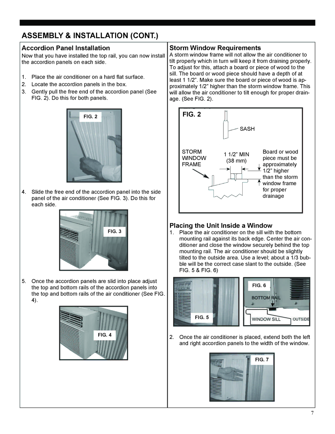 Soleus Air SG-WAC-06SE, SG-WAC-06ESE manual Assembly & Installation, Accordion Panel Installation, Storm Window Requirements 