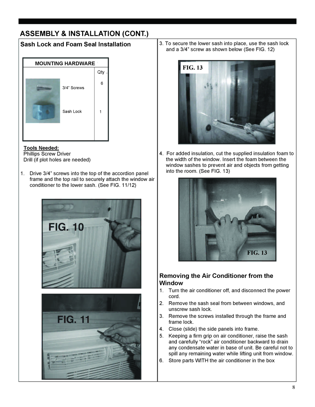 Soleus Air SG-WAC-06ESE Sash Lock and Foam Seal Installation, Removing the Air Conditioner from the Window, Tools Needed 