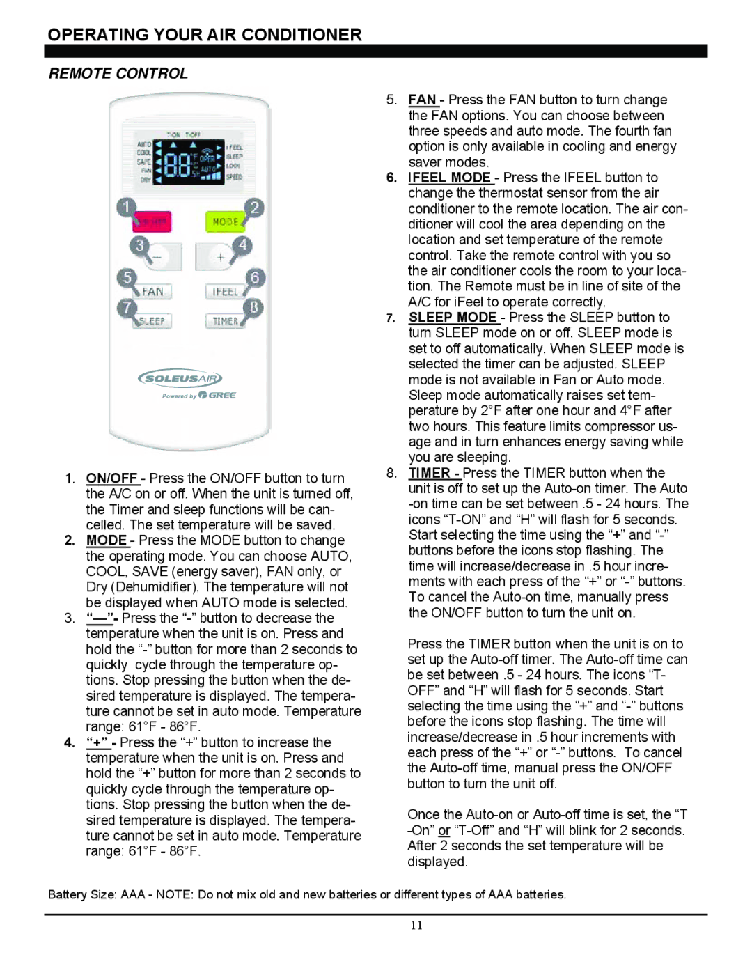 Soleus Air SG-WAC-08ESE-C, SG-WAC-06ESE-C manual Operating Your AIR Conditioner, Remote Control 