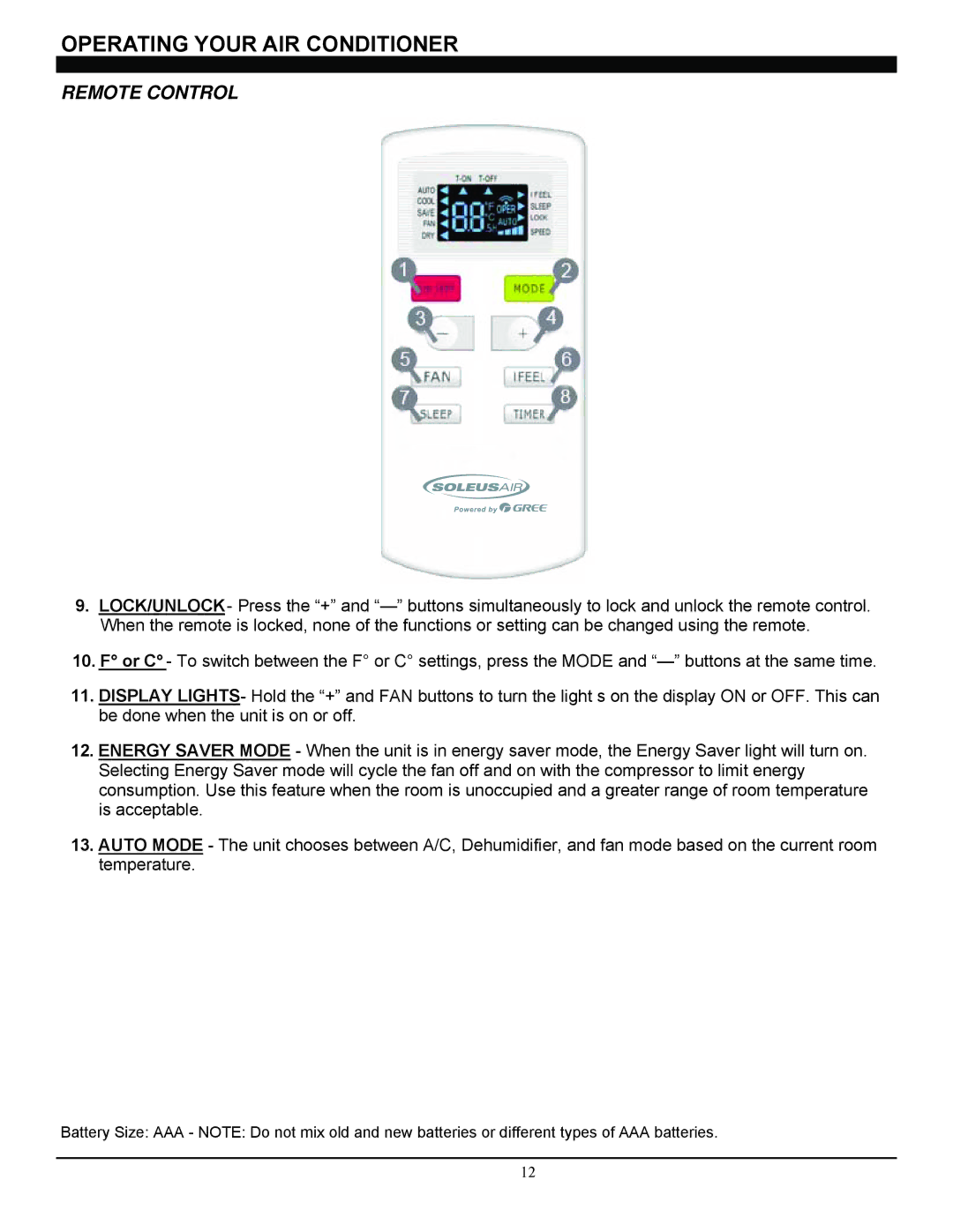 Soleus Air SG-WAC-06ESE-C, SG-WAC-08ESE-C manual Operating Your AIR Conditioner 