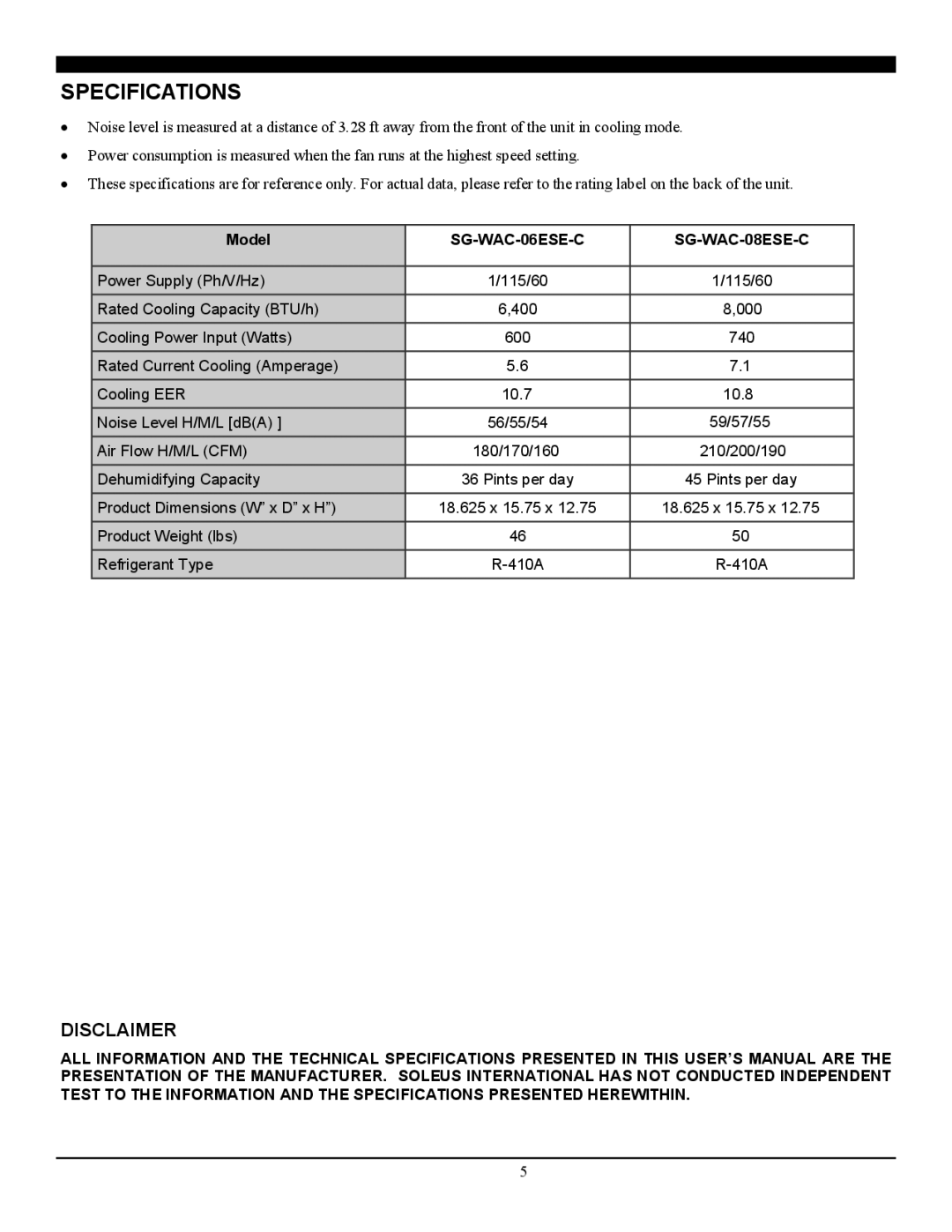 Soleus Air manual Specifications, SG-WAC-06ESE-C SG-WAC-08ESE-C 