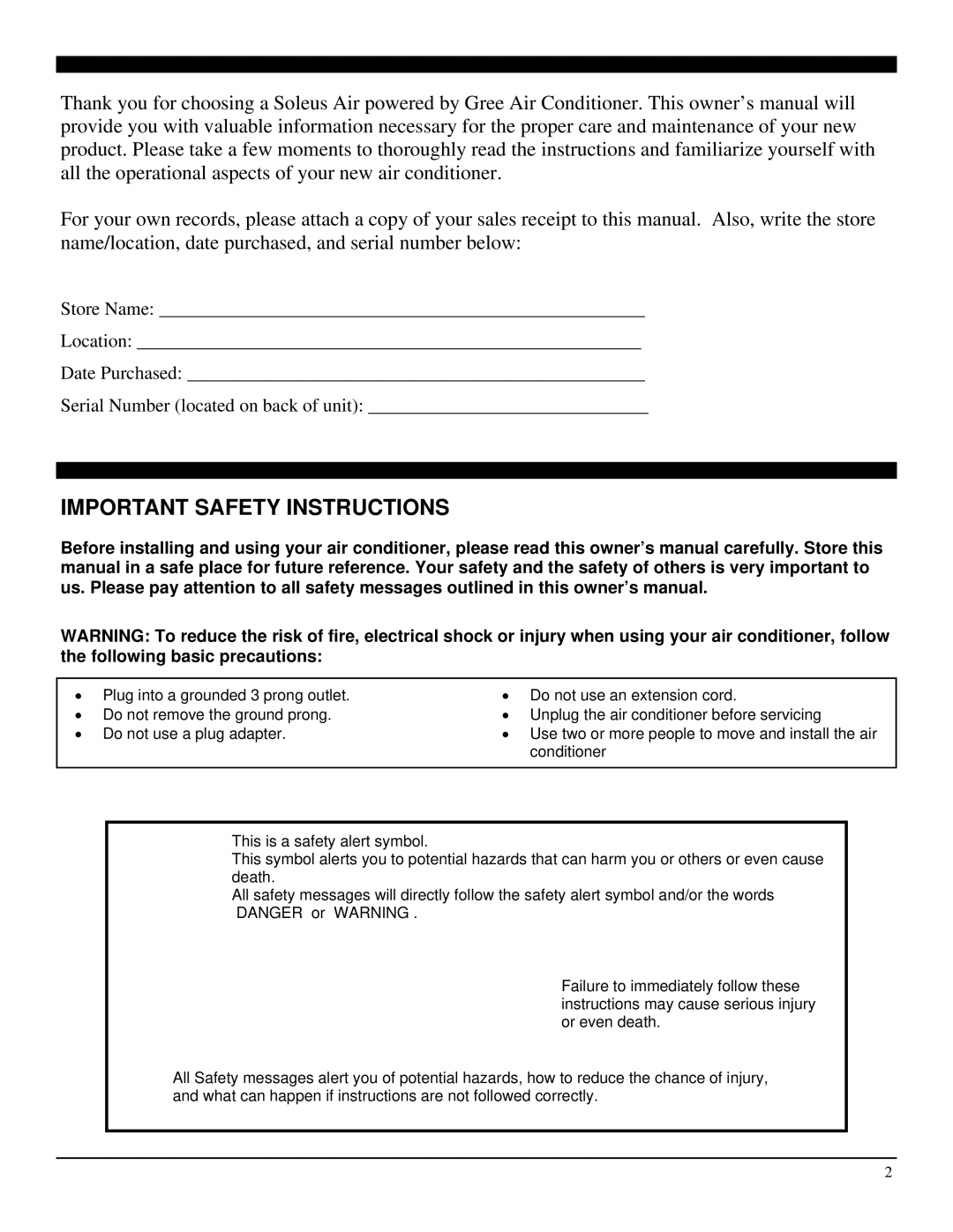 Soleus Air SG-WAC-08ESE-F, SG-WAC-06ESE-F operating instructions Important Safety Instructions 