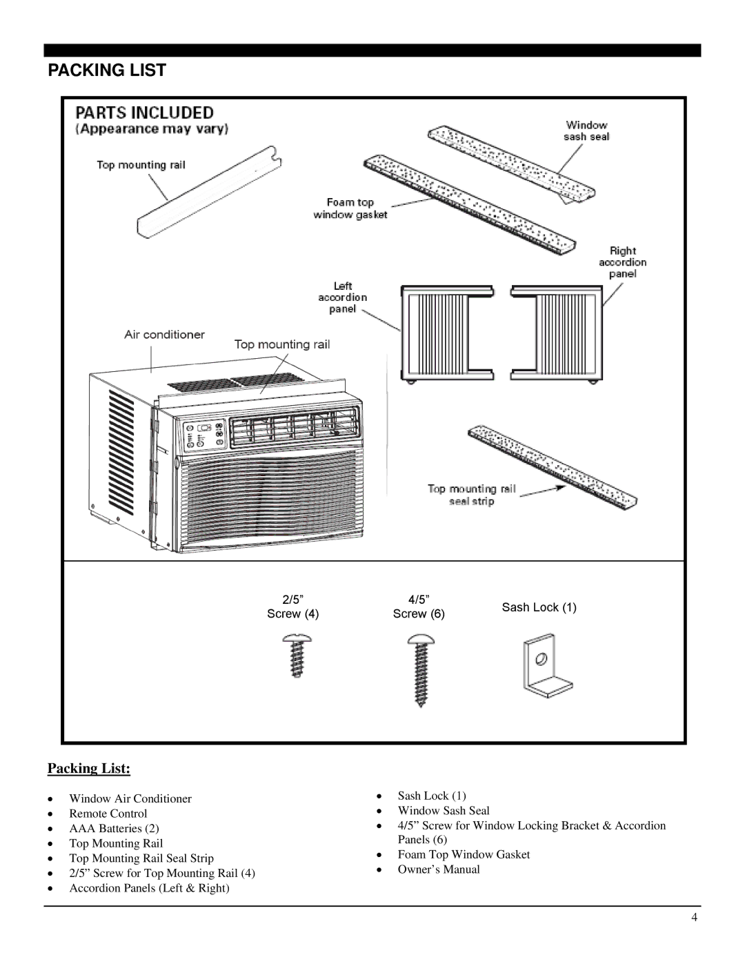 Soleus Air SG-WAC-08ESE-F, SG-WAC-06ESE-F operating instructions Packing List 