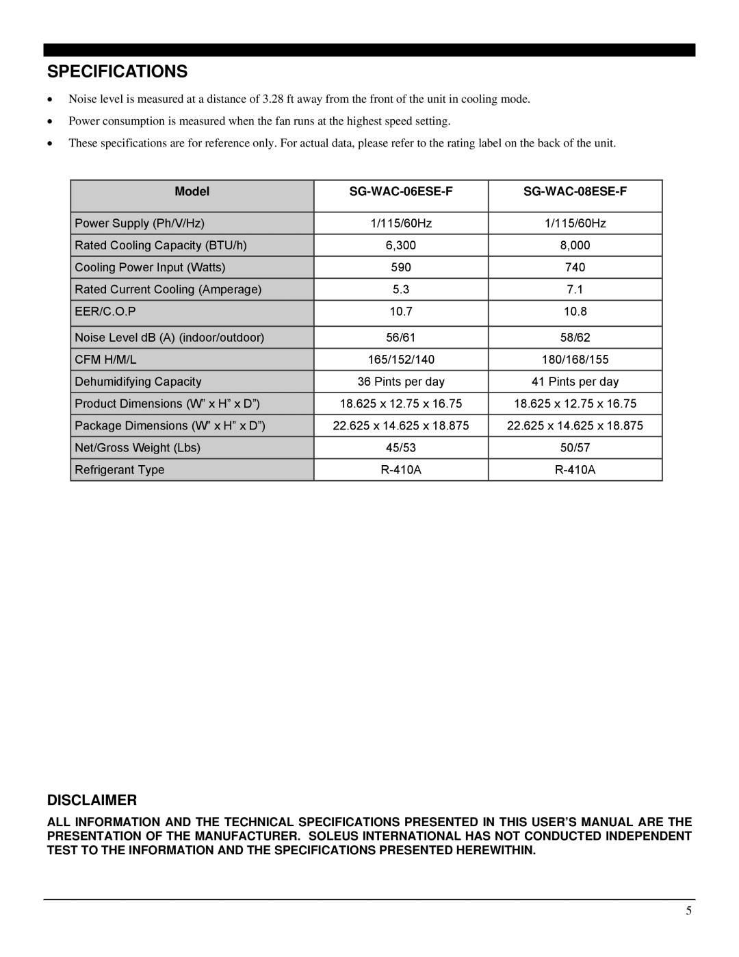 Soleus Air operating instructions Specifications, SG-WAC-06ESE-F SG-WAC-08ESE-F 