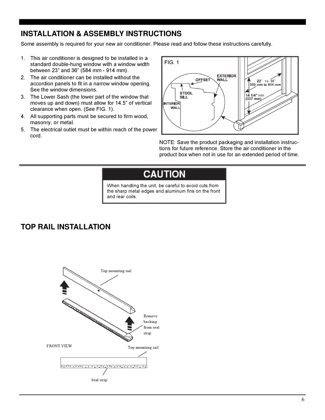 Soleus Air SG-WAC-08ESE-F, SG-WAC-06ESE-F operating instructions Installation & Assembly Instructions, TOP Rail Installation 