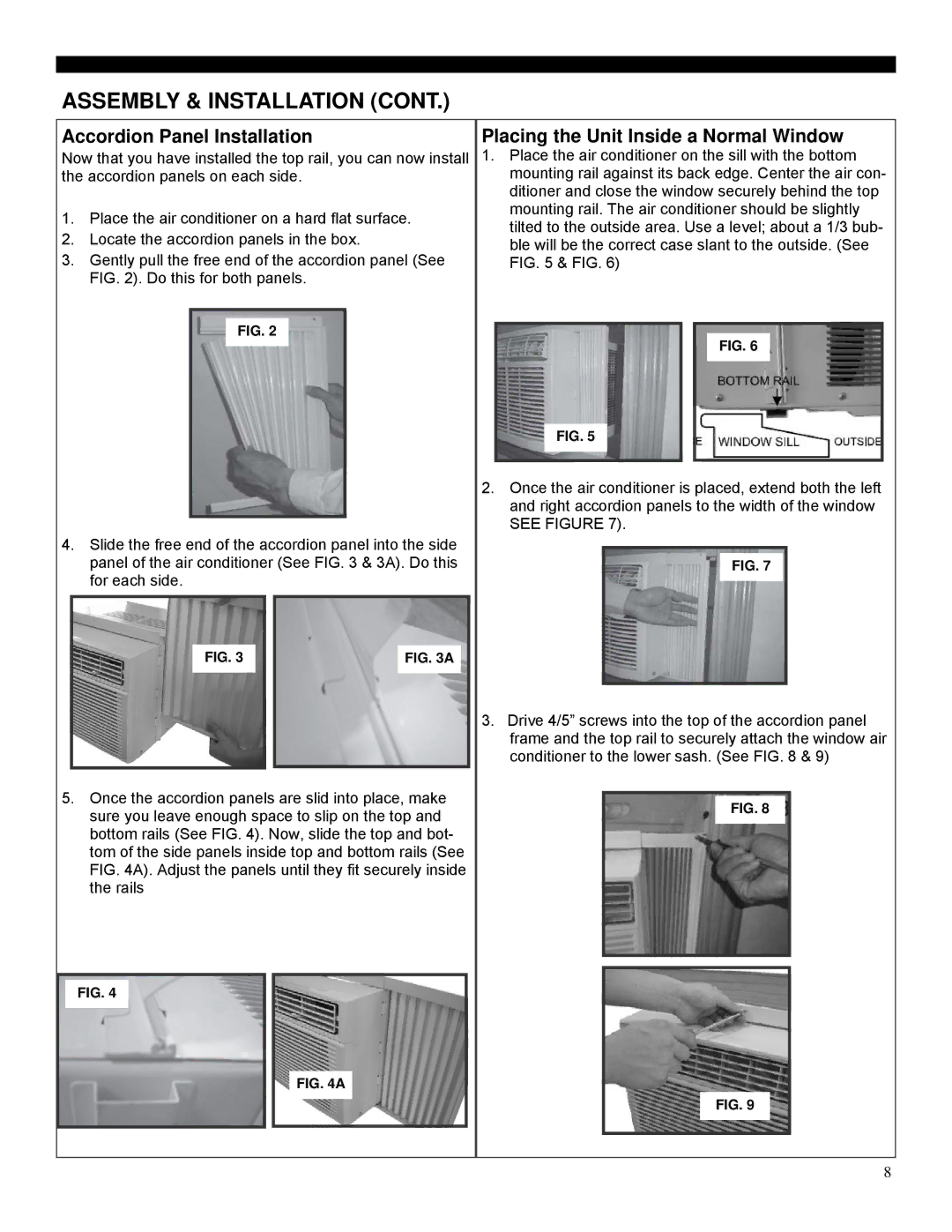 Soleus Air SG-WAC-08ESE-F Assembly & Installation, Accordion Panel Installation, Placing the Unit Inside a Normal Window 