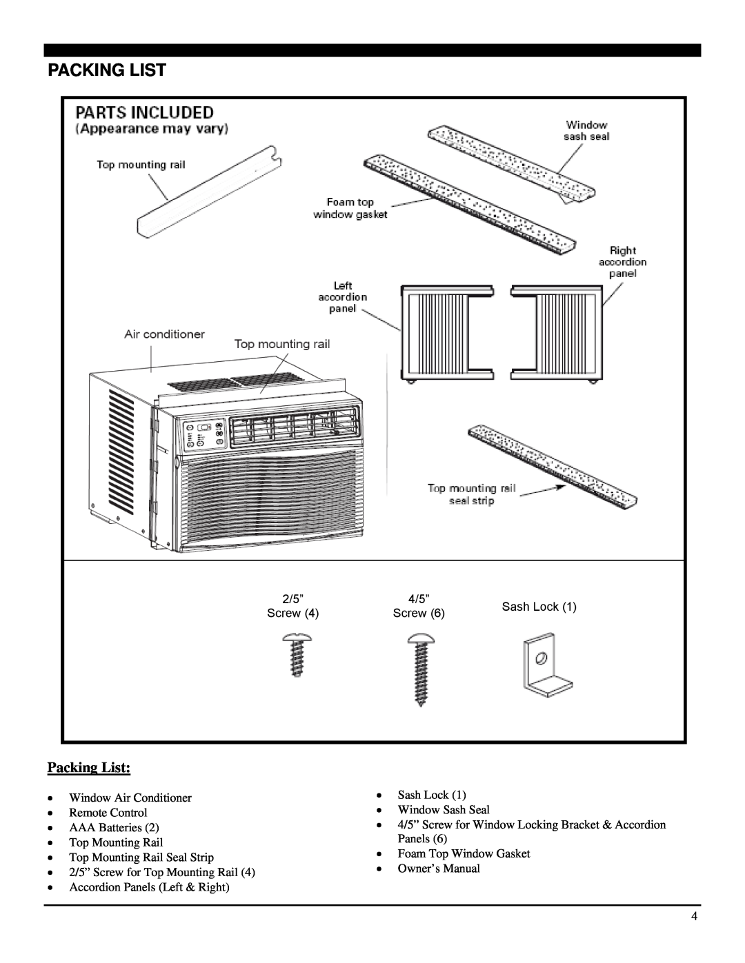 Soleus Air SG-WAC-08ESE-F, SG-WAC-06ESE-F operating instructions Packing List 
