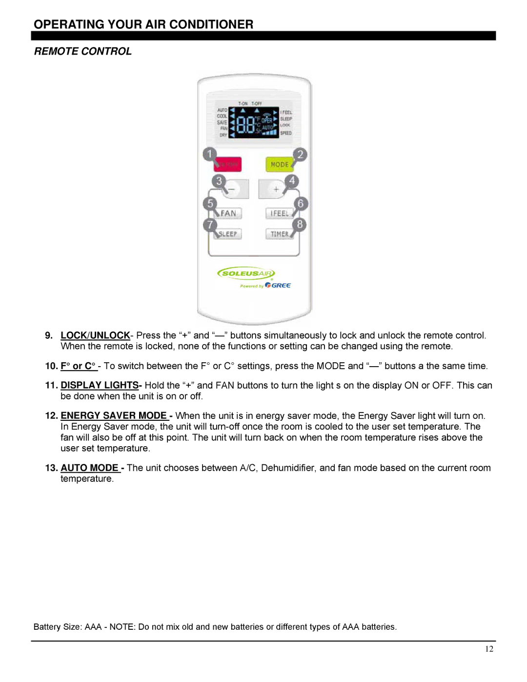 Soleus Air SG-WAC-10ESE-C, SG-WAC-12ESE-C manual Operating Your AIR Conditioner 