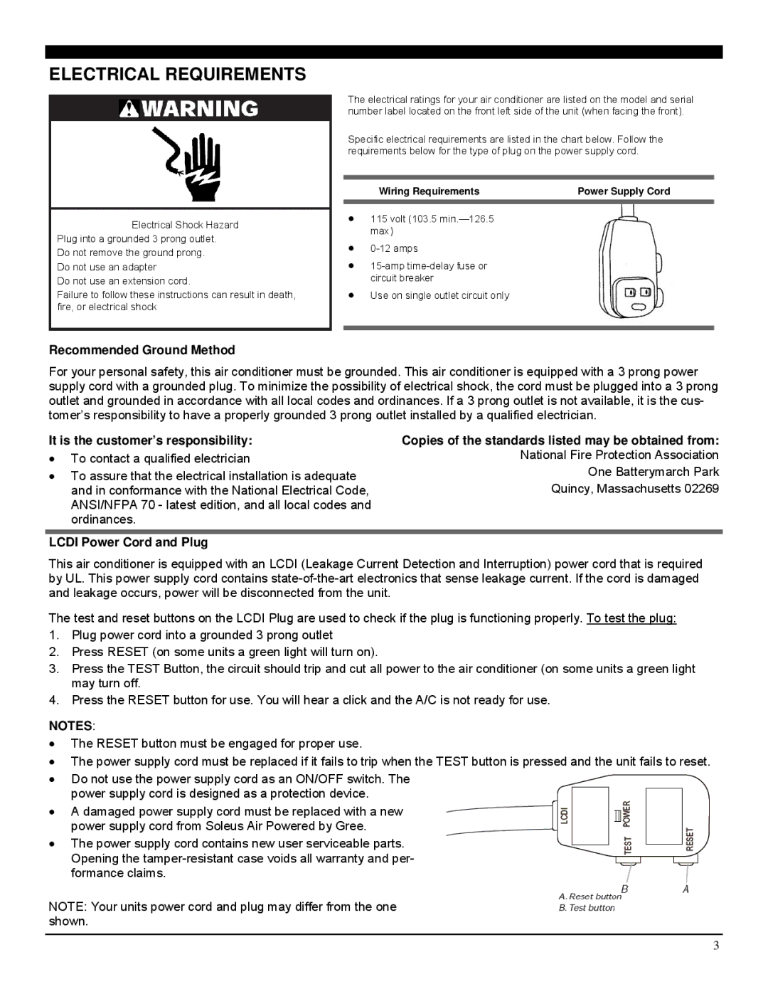 Soleus Air SG-WAC-12ESE-C, SG-WAC-10ESE-C manual Electrical Requirements, Recommended Ground Method 