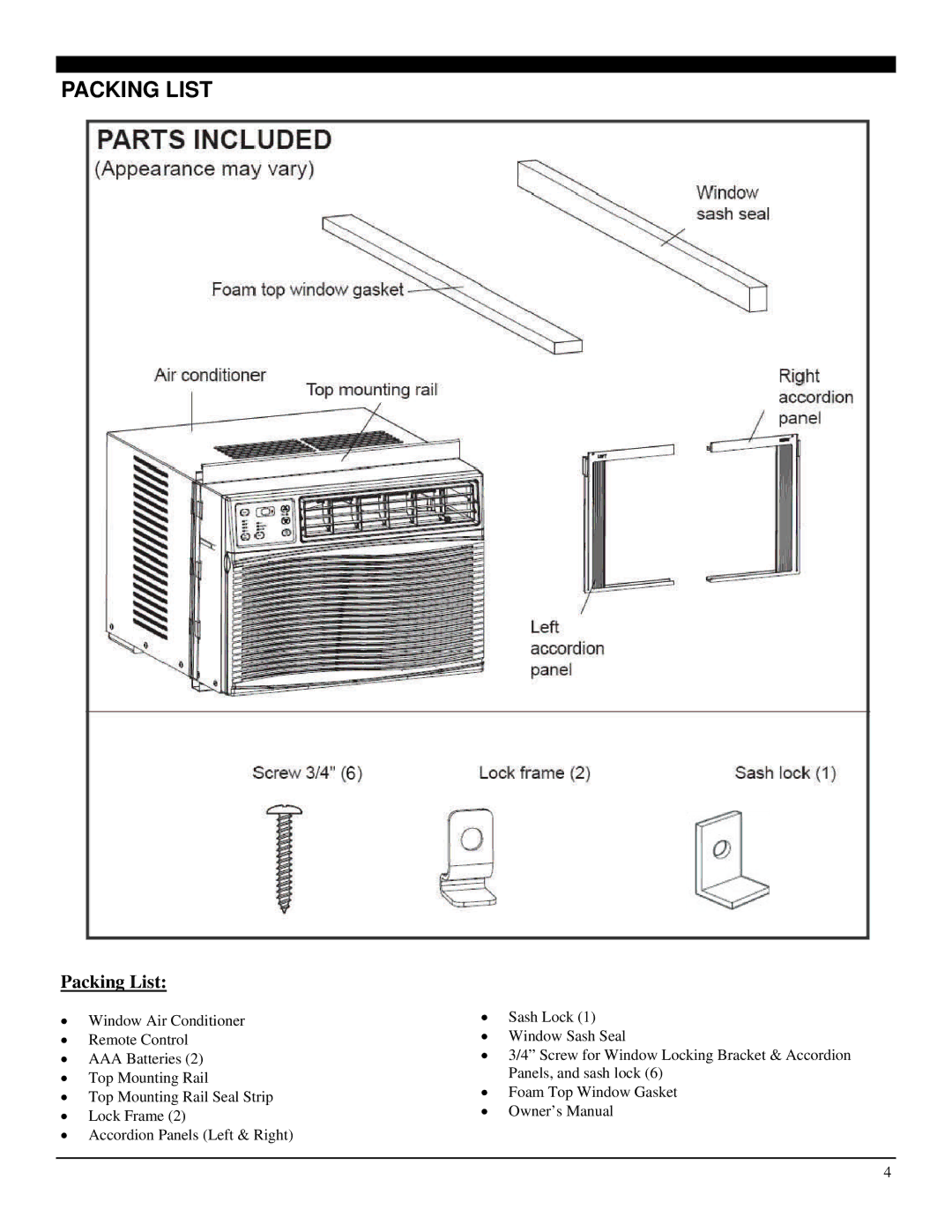 Soleus Air SG-WAC-10ESE-C, SG-WAC-12ESE-C manual Packing List 