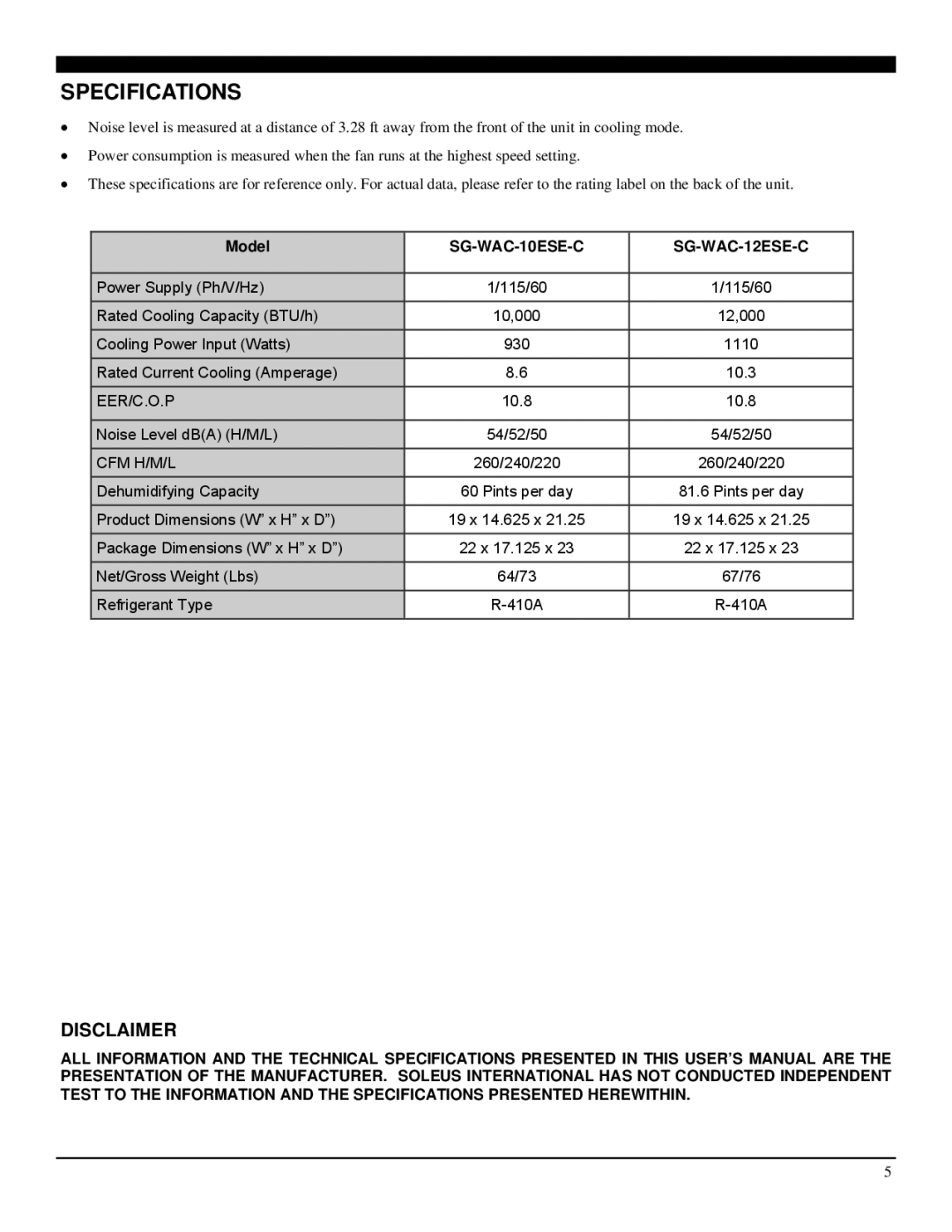 Soleus Air manual Specifications, SG-WAC-10ESE-C SG-WAC-12ESE-C 