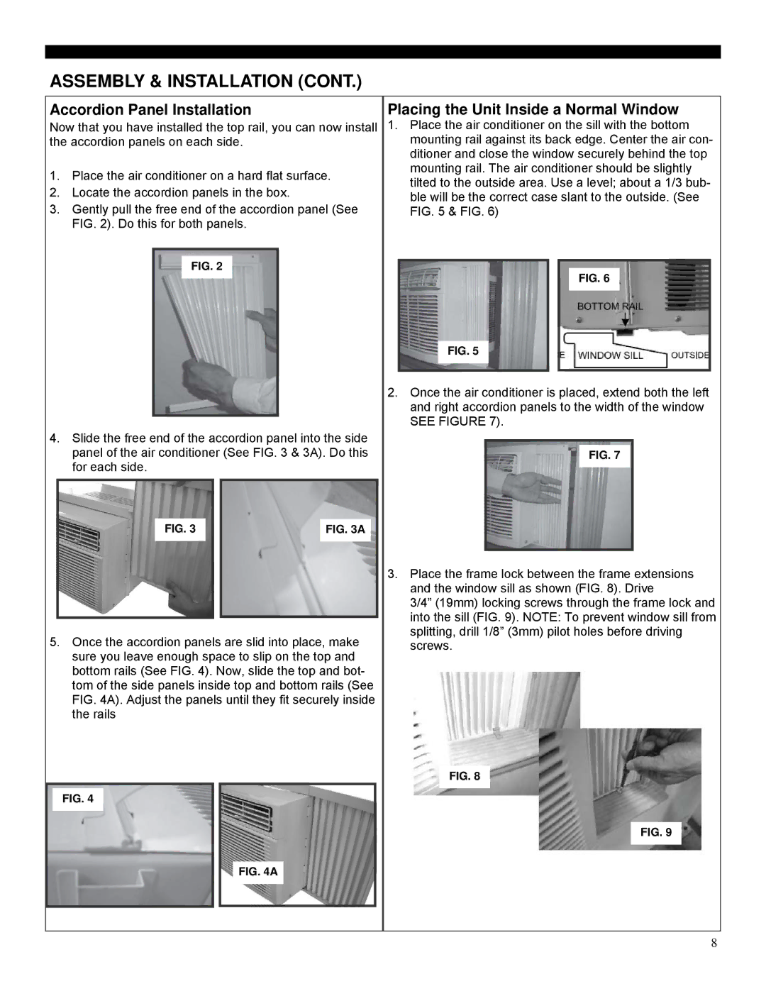 Soleus Air SG-WAC-10ESE-C Assembly & Installation, Accordion Panel Installation, Placing the Unit Inside a Normal Window 