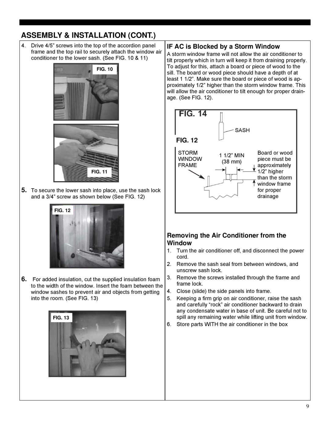 Soleus Air SG-WAC-12ESE-C, SG-WAC-10ESE-C If AC is Blocked by a Storm Window, Removing the Air Conditioner from the Window 