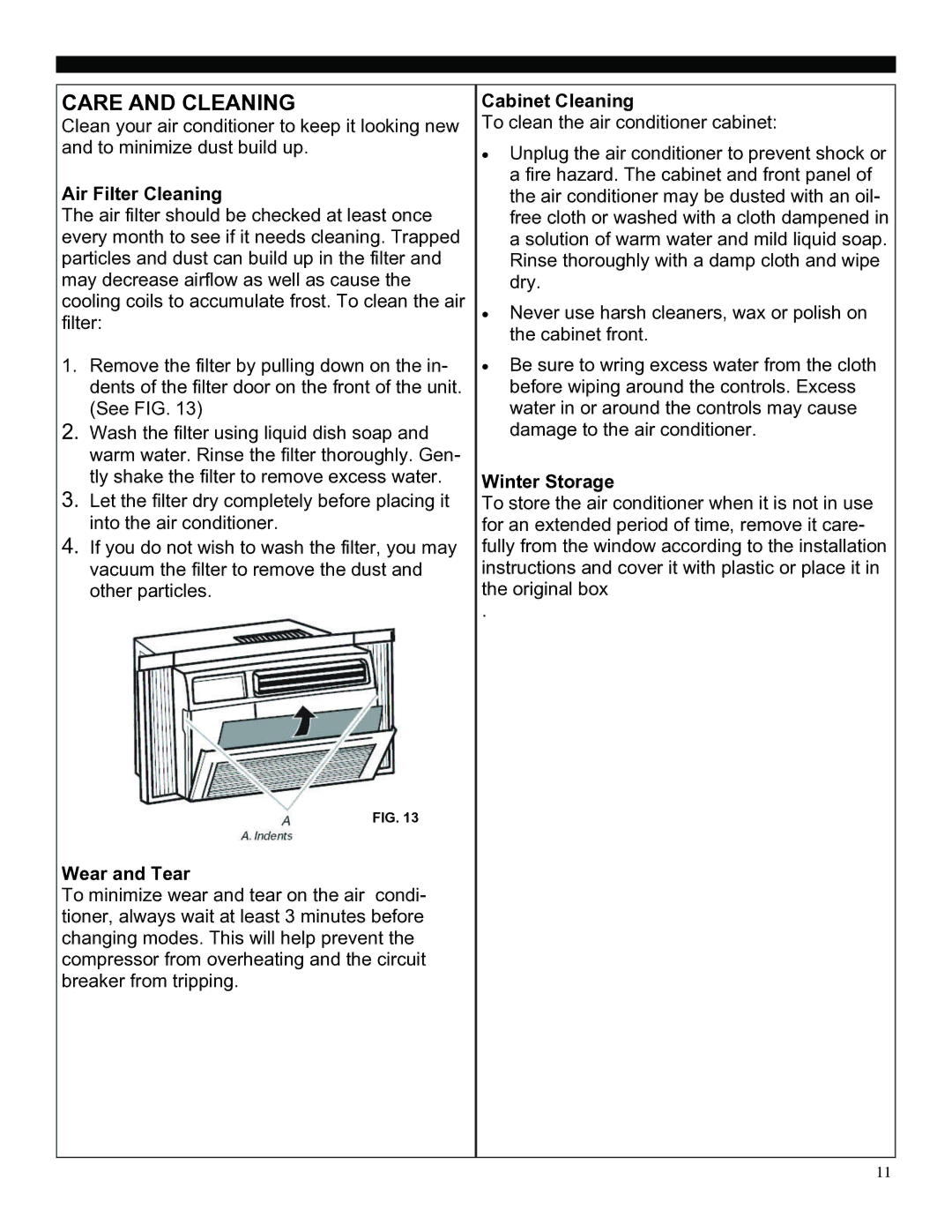 Soleus Air SG-WAC-10ESE manual Care and Cleaning, Air Filter Cleaning, Cabinet Cleaning, Winter Storage, Wear and Tear 