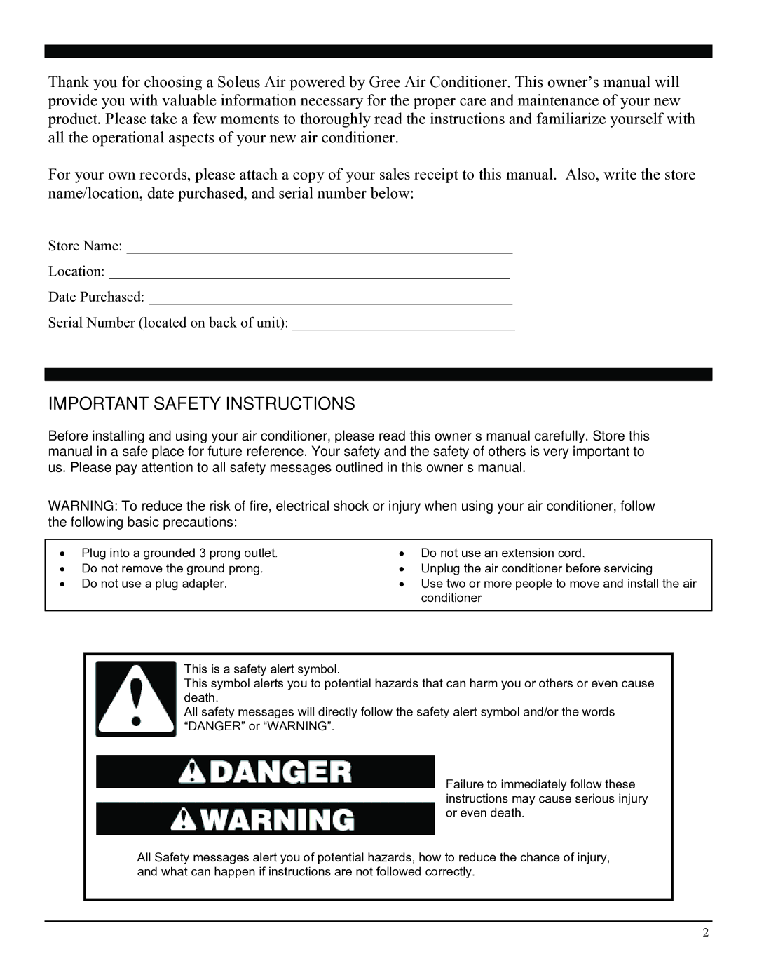 Soleus Air SG-WAC-12ESE, SG-WAC-10ESE manual Important Safety Instructions 