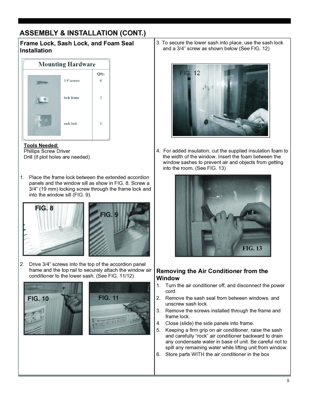 Soleus Air SG-WAC-12ESE Frame Lock, Sash Lock, and Foam Seal Installation, Removing the Air Conditioner from the Window 