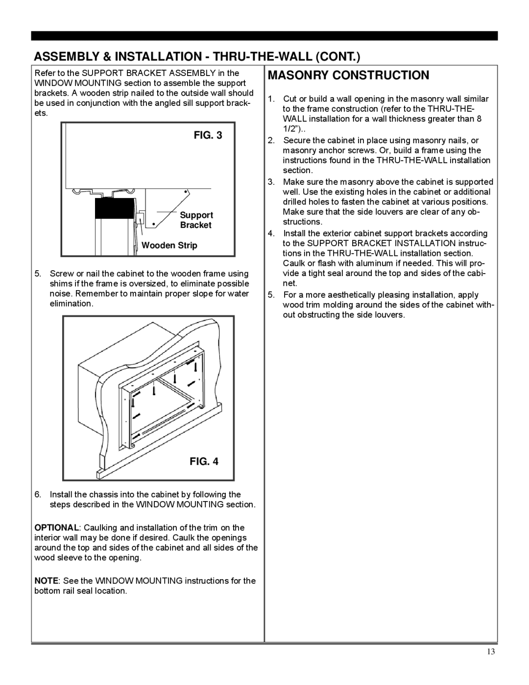 Soleus Air SG-WAC-12HCE operating instructions Masonry Construction, Support Bracket Wooden Strip 