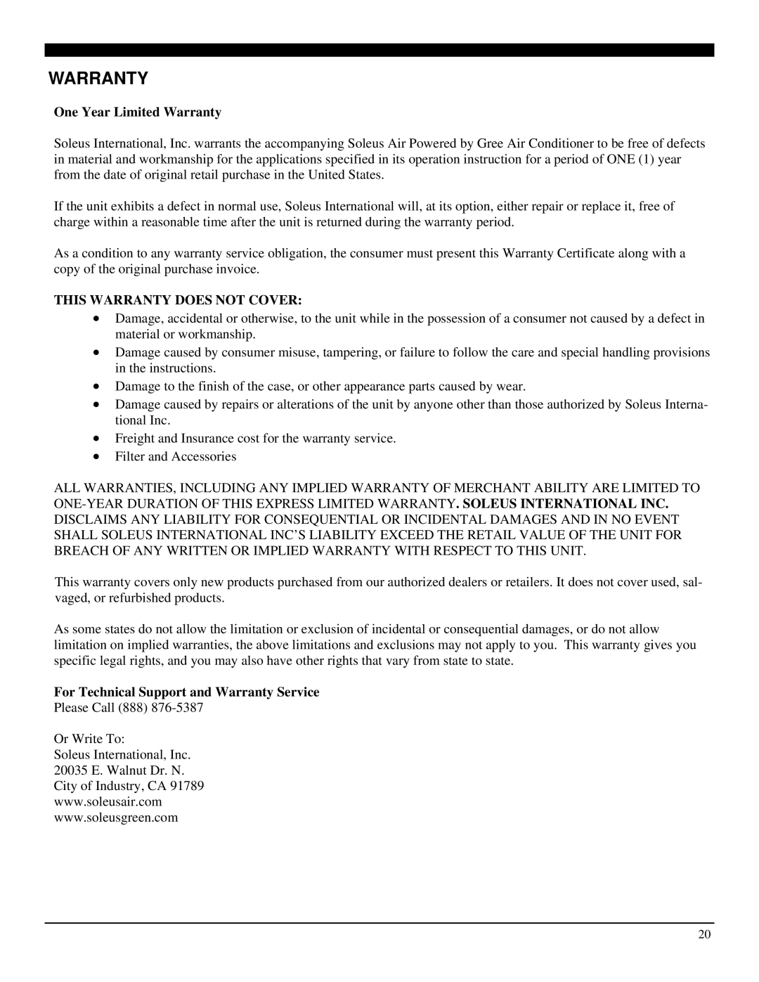 Soleus Air SG-WAC-12HCE operating instructions One Year Limited Warranty 