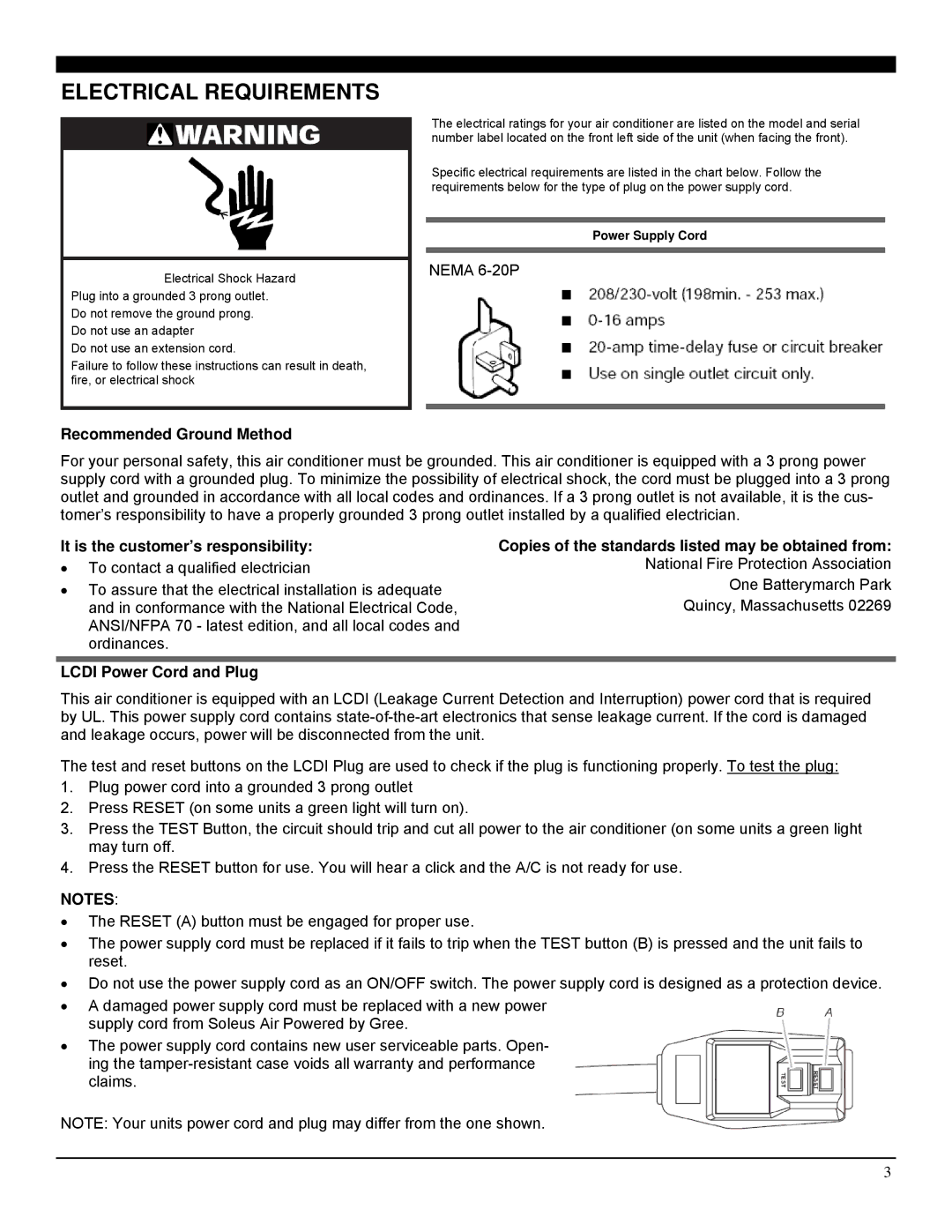 Soleus Air SG-WAC-12HCE operating instructions Electrical Requirements, Recommended Ground Method, Lcdi Power Cord and Plug 