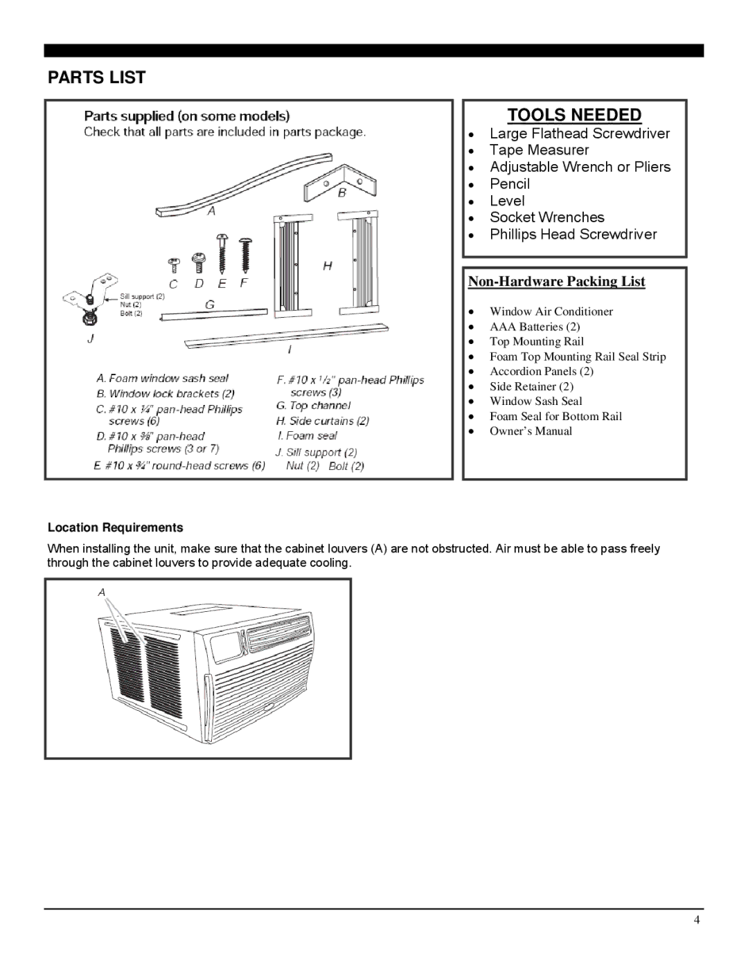 Soleus Air SG-WAC-12HCE operating instructions Parts List Tools Needed, Location Requirements 