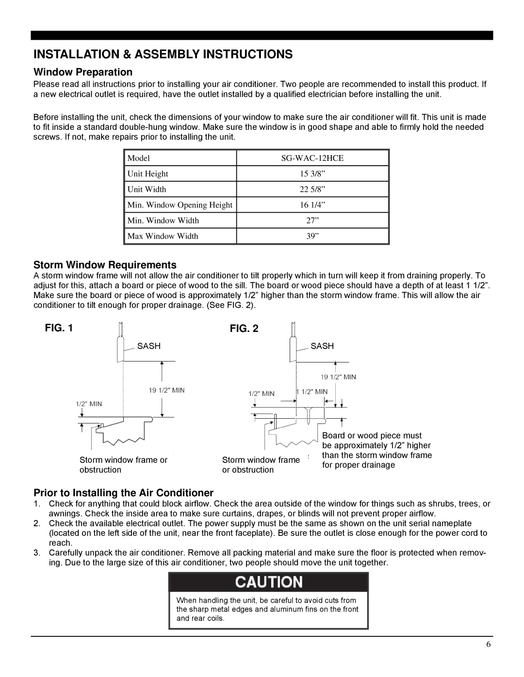 Soleus Air SG-WAC-12HCE Installation & Assembly Instructions, Window Preparation, Storm Window Requirements 