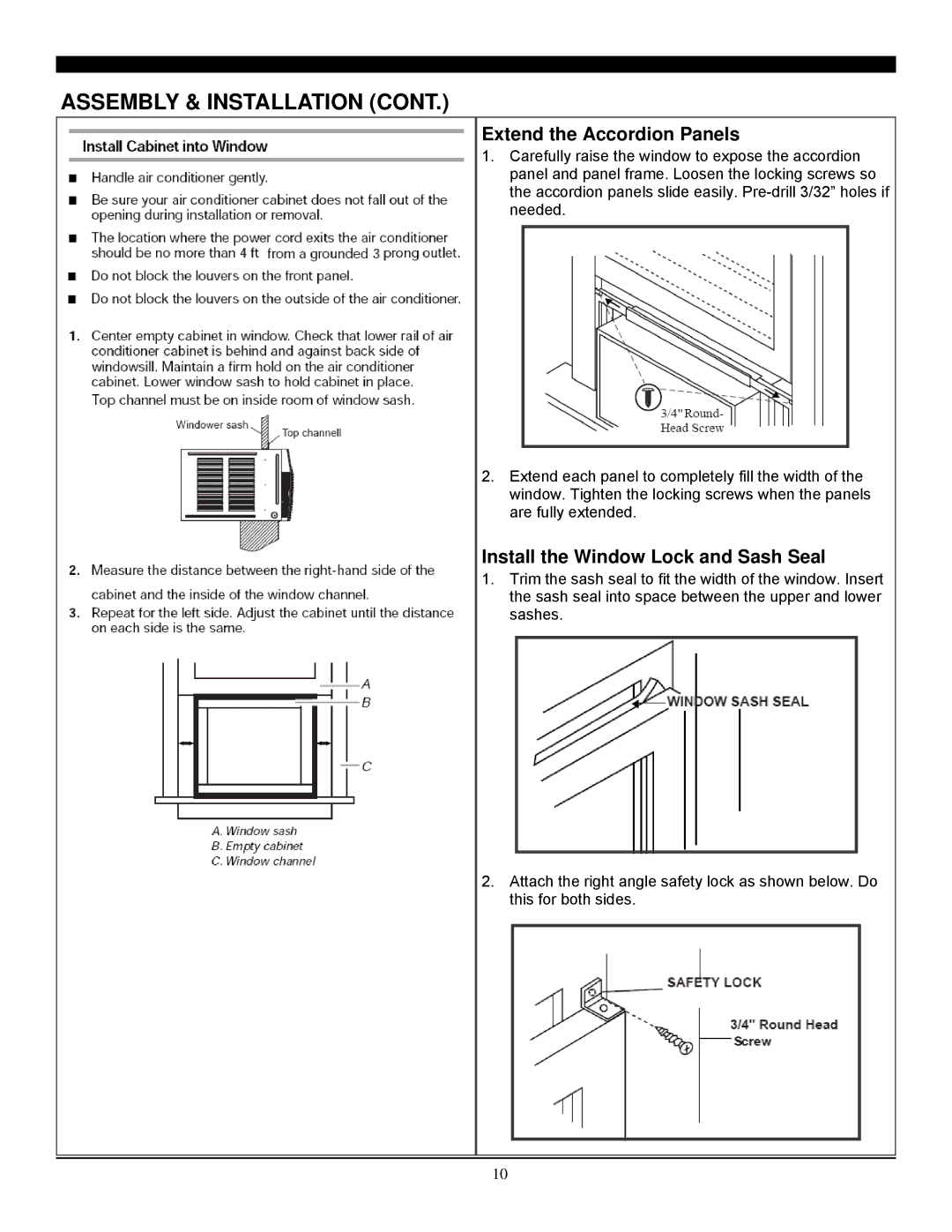 Soleus Air SG-WAC-12HCE manual Extend the Accordion Panels, Install the Window Lock and Sash Seal 