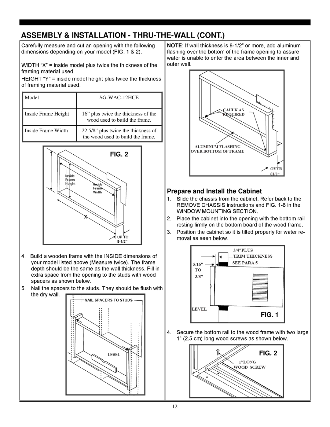 Soleus Air SG-WAC-12HCE manual Assembly & Installation THRU-THE-WALL, Prepare and Install the Cabinet 