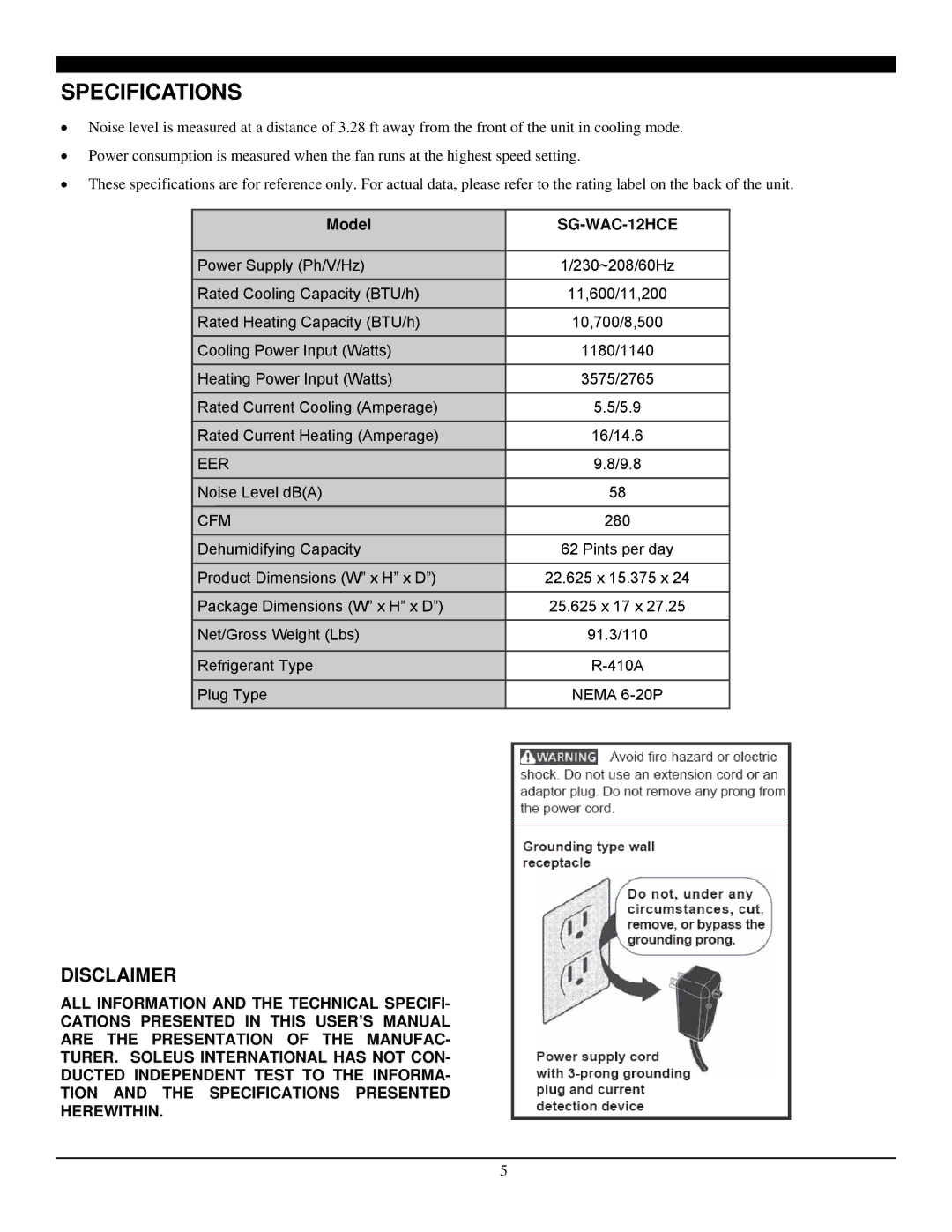 Soleus Air SG-WAC-12HCE manual Specifications, Model 