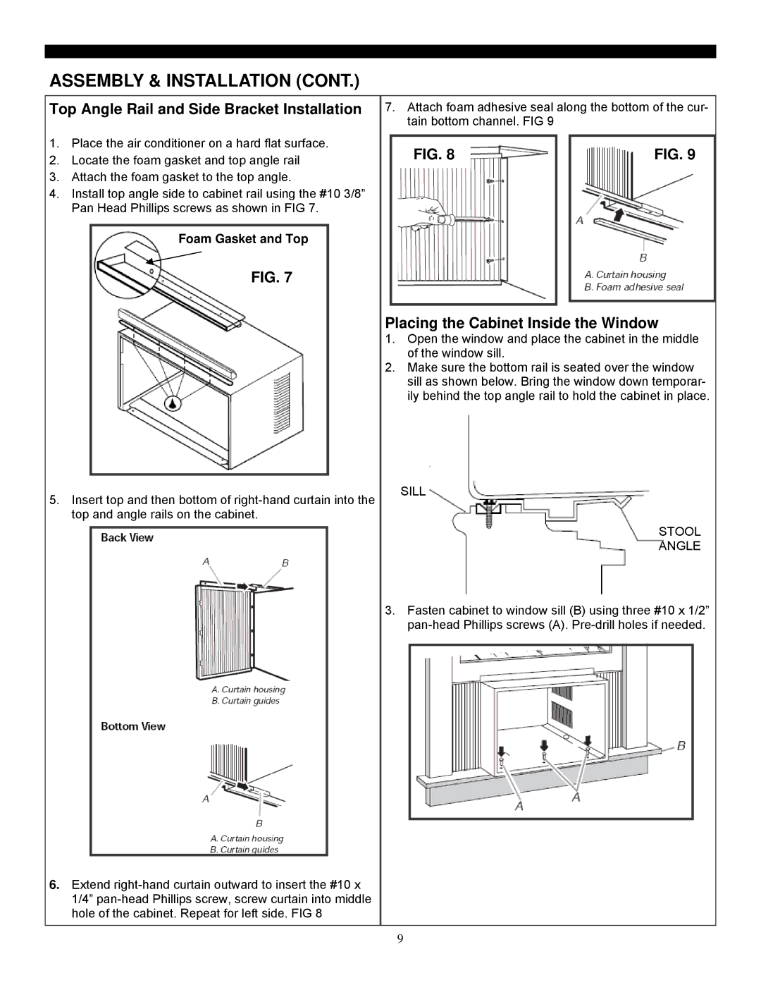 Soleus Air SG-WAC-12HCE manual Assembly & Installation, Top Angle Rail and Side Bracket Installation, Foam Gasket and Top 