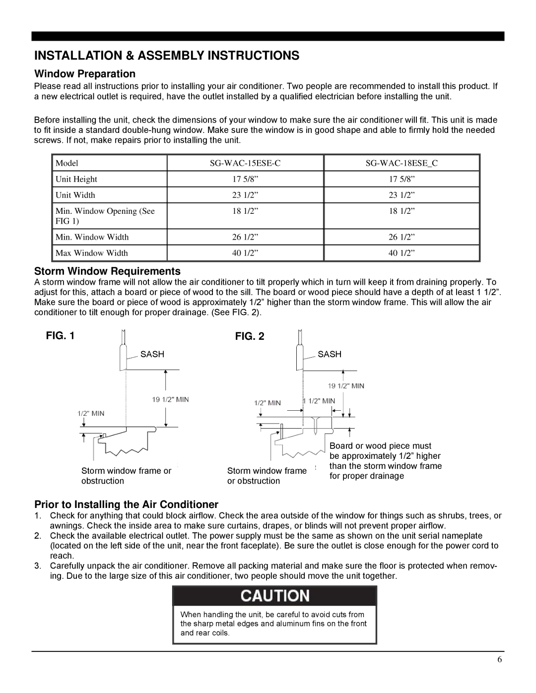 Soleus Air SG-WAC-15ESE-C manual Installation & Assembly Instructions, Window Preparation, Storm Window Requirements 