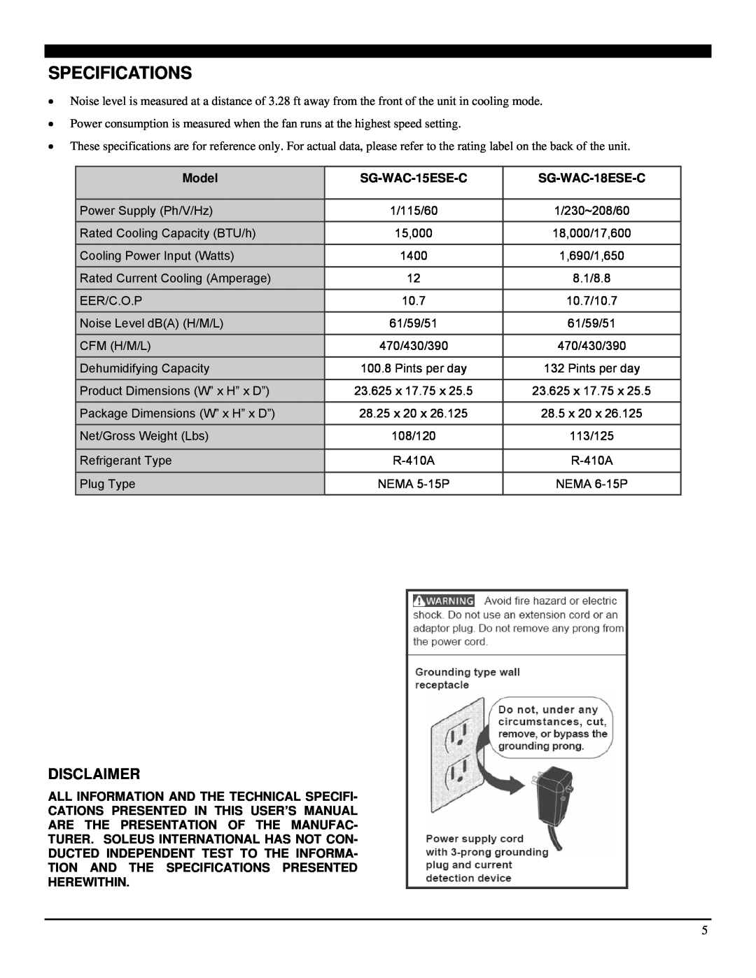 Soleus Air SG-WAC 15ESE-C manual Specifications, Disclaimer, Model, SG-WAC-15ESE-C, SG-WAC-18ESE-C 